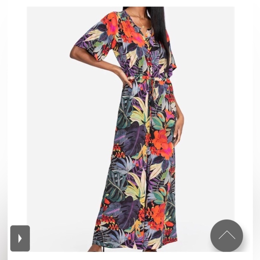 Johnny Was Multicolor Tropical Print Jumpsuit with Orange & Purple Accents